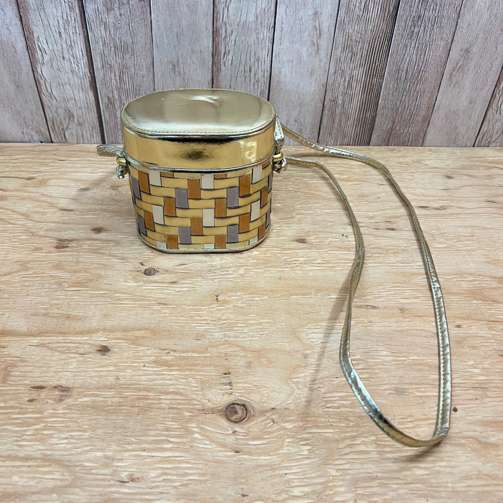 Vintage La Regale Metallic Gold Silver Woven Basket Box Crossbody Purse Bag